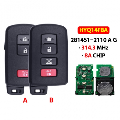 3/4 Button Smart Key HYQ14FBA 8A 314Mhz FSK 281451-2110 A G Board for T-Toyota Prius C Tacoma Land Cruiser Tacoma Highlander