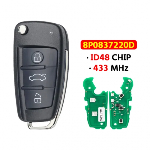 Audi 3 Buttons 433MHz Flip Remote Key Fob with 48 Chip 8P0837220D Fit for AUDI A2 A4 S4 Cabrio Quattro Avant 2005 2006 2007 2008