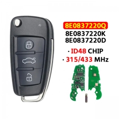 3 Button Remote Flip Key 315/433MHz 48 Chip 8E0 837 220Q/K/Dfor AUDI A2 A4 S4 Cabrio Quattro Avant 2005 2006 2007 2008