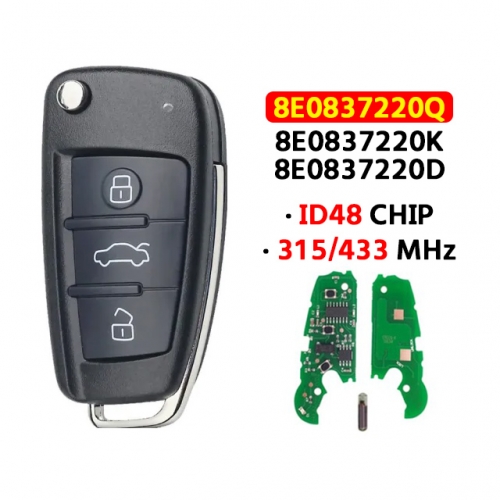 3 Button Remote Flip Key 315/433MHz 48 Chip 8E0 837 220Q/K/Dfor AUDI A2 A4 S4 Cabrio Quattro Avant 2005 2006 2007 2008