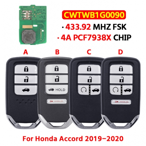 3/4/5Button Smart Key 433.92MHz FSK 4A pcf7938x Chip 72147-TVA-A11 CWTWB1G0090 For Honda Accord 2019 2020