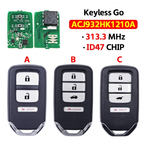 3/4Button Keyless-Go Smart Remote Key 313.8 MHz  ID47 Chip FCC ID: ACJ932HK1210A for Honda Accord Civic