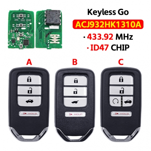 4 / 5 Buttons Smart key 433.92MHz ID47 Chip FCC ID: ACJ932HK1310A  For Honda Accord CR-Z 2016 2017