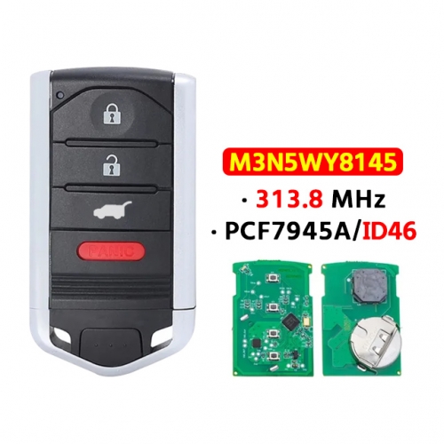 4 Button Smart Remote Key 313.8MHz PCF7945A/HITAG 2/46 Chip FCC ID: M3N5WY8145 for Acura ZDX HON66 Blade (SUV)