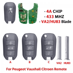 3Button remote key 433 MHz 4A chip HU83  for T-Peugeot Holden Vauxhall T-Citroen