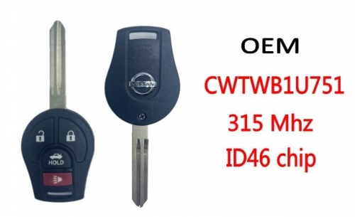 OEM 3+1Buttons  Remote Key FCC:CWTWB1U751 315Mhz ID46 Chip for T-Nissan Qashqai Sunny Sylphy Tiida X-Trail