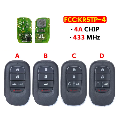 4/5button Keyless Go Smart Remote Key  FSK 433.92MHz 4A Chip KR5TP-4  Fob for Honda Accord Civic HRV 2022 2023