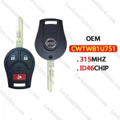 OEM 2+1Buttons  Remote Key FCC:CWTWB1U751 315Mhz ID46 Chip for T-Nissan Qashqai Sunny Sylphy Tiida X-Trail