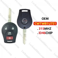 OEM 3+1Buttons  Remote Key FCC:CWTWB1U751 315Mhz ID46 Chip for T-Nissan Qashqai Sunny Sylphy Tiida X-Trail