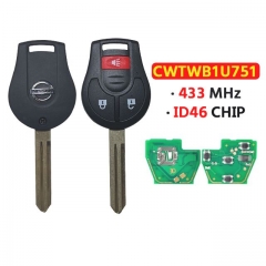 2+1 Buttons Smart Remote Car Key FCCID:CWTWB1U751 433Mhz ID46 Chip for Nissa.n Qashqai Sunny Sylphy Tiida X-Trail