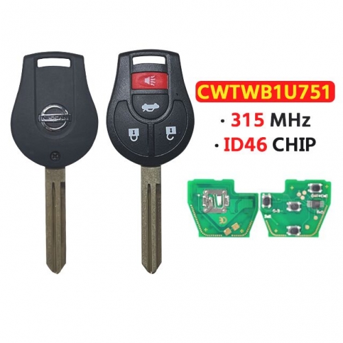 3+1Buttons Smart Remote Car Key FCC:CWTWB1U751 315Mhz ID46 Chip for Nissa.n Qashqai Sunny Sylphy Tiida X-Trail