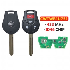 3+1 Buttons Smart Remote Car Key FCCID:CWTWB1U751 433Mhz ID46 Chip for Nissa.n Qashqai Sunny Sylphy Tiida X-Trail