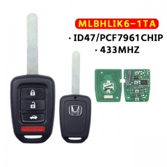 MLBHLIK6-1TA Remote Car Key for Honda Accord CR-V CIVIC 2016 2017 for Honda Key 3+1 Buttons 433mhz ID47 Chip