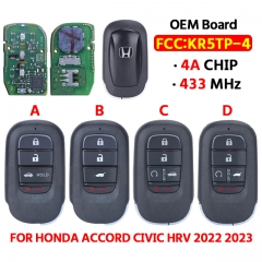OEM Board 4/5button Keyless Go Smart Remote Key  FSK 433.92MHz 4A Chip KR5TP-4  Fob for Honda Accord Civic HRV 2022 2023