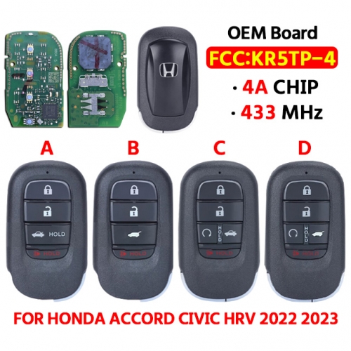 OEM Board 4/5button Keyless Go Smart Remote Key  FSK 433.92MHz 4A Chip KR5TP-4  Fob for Honda Accord Civic HRV 2022 2023