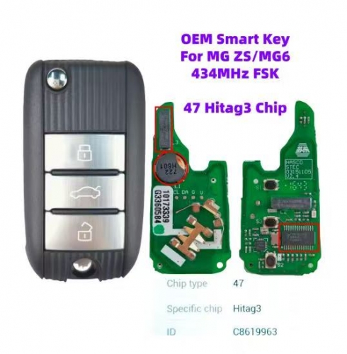 OEM 3Button MG smart key 433Mhz ID47 Higat3 chip for MG ZS MG5 MG6 HS （ Keyless Go）