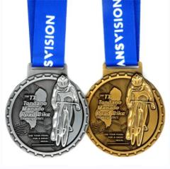 Antique Gold Silver Road Bike Challenge Medals with Ribbon