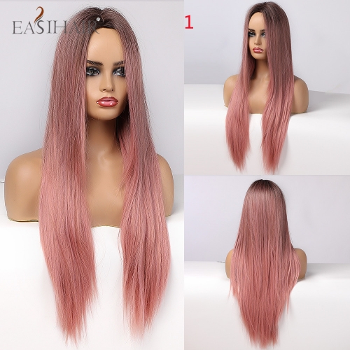 EASIHAIR Long Body Wave Ombre Black Pink Cosplay Wigs Heat Resistant Synthetic Wigs Middle Part Natural Lolita Wigs for Women