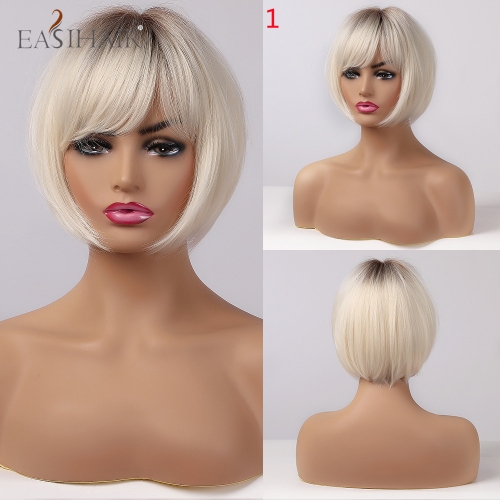 EASIAHIR Short Wigs Bang Straight Bobo Hairstyle Ombre Black Brown Highlight Wig Cosplay Heat Resistant Synthetic Wigs for Women