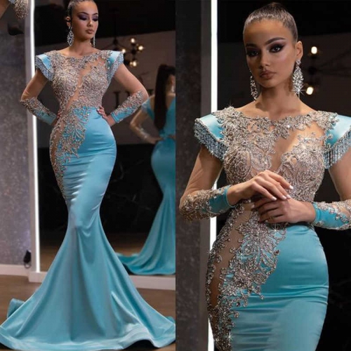 2021 new daily light blue fishtail skirt banquet long sand gold series show thin temperament of the annual evening dress