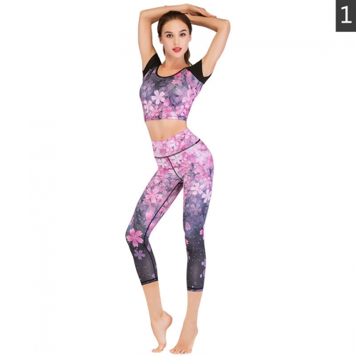 Yoga Gear printed cropped pantsuit high-stretch, quick-dry sports suit short sleeves