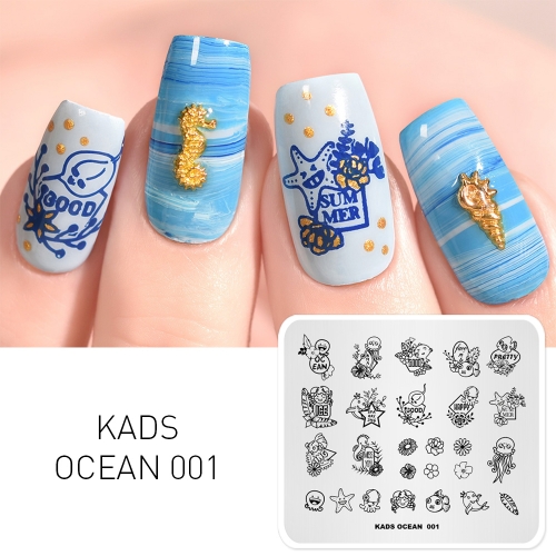OCEAN 001 Nail Stamping Plate Ocean & Octopus & Starfish & Seahorse & Crab & Flower