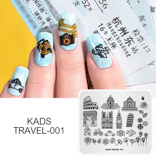 TRAVEL 001 Nail Stamping Plate Transportation & Tourist Attractions & Camera & Flower