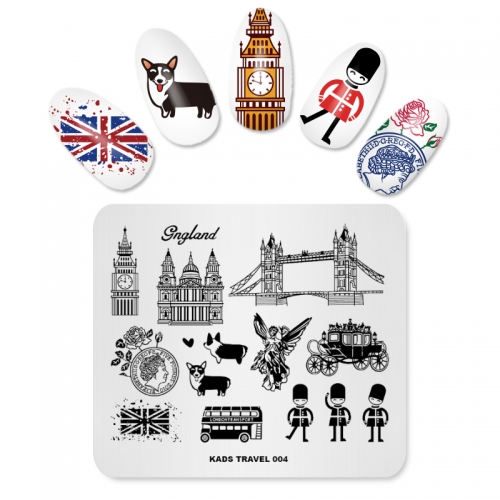 TRAVEL 004 Nail Stamping Plate England & Soldier & Bus & Carriage & Corgi