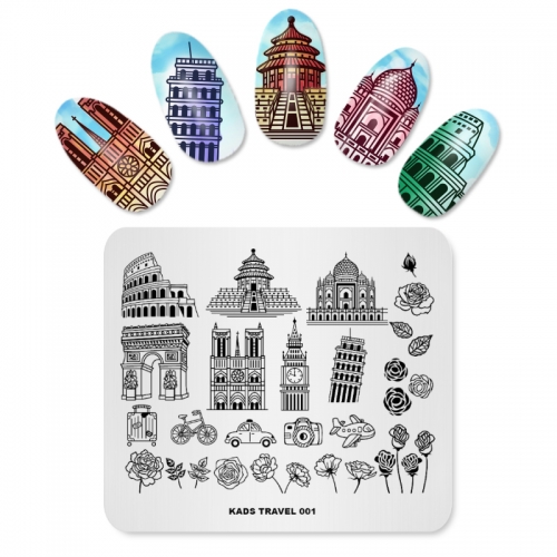 TRAVEL 001 Nail Stamping Plate Transportation & Tourist Attractions & Camera & Flower