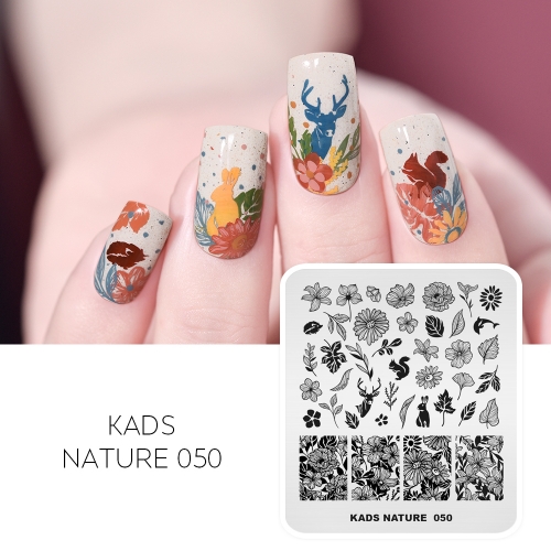 NATURE 050 Nail Stamping Plate Maple Leaf & Peach Blossom & Squirrel & Hedgehog & Dolphin