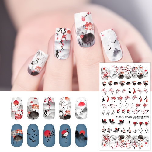 Water Transfer Nail Sticker Chinese Style Goldfish & Plum Blossom & Crane & Sunrise