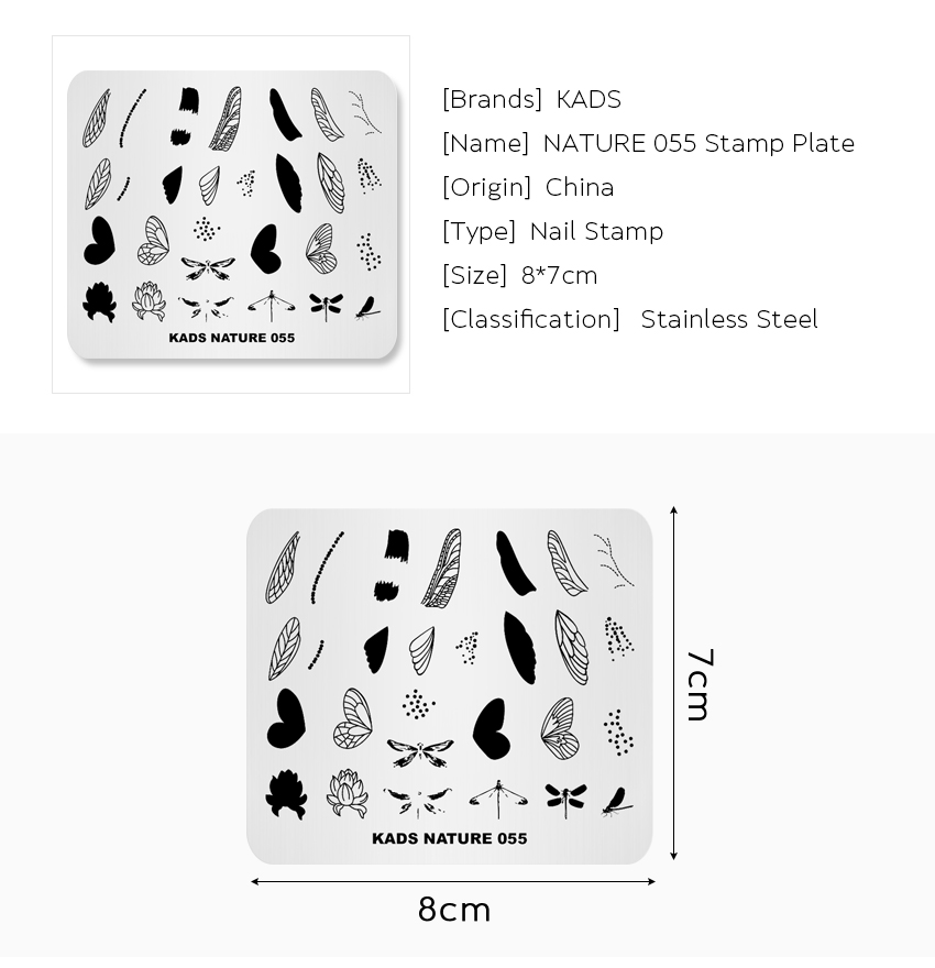 KADS Nail Stamping Plate NATURE 055, Dragonfly& Butterfly& Leaf