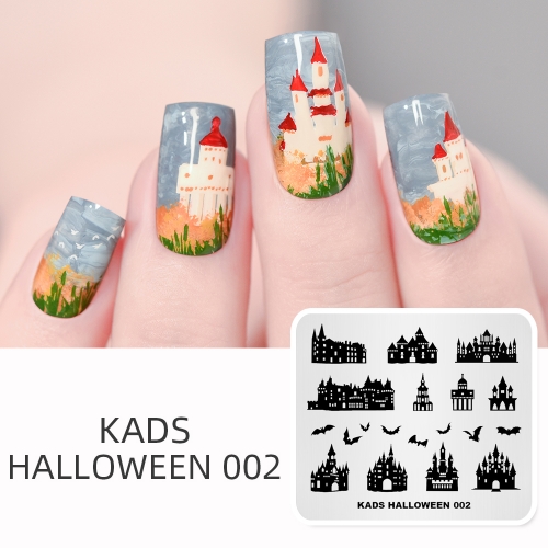 HALLOWEEN 002 Nail Stamping Plate Halloween Castle & Bat