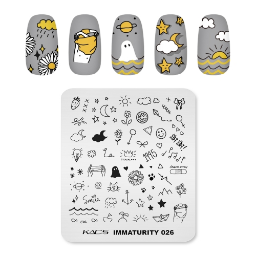 Immaturity 026 Nail Stamping Plate Cloud & Moon & Star & Flower & Strawberry & Emoji & Love Heart & Musical Note