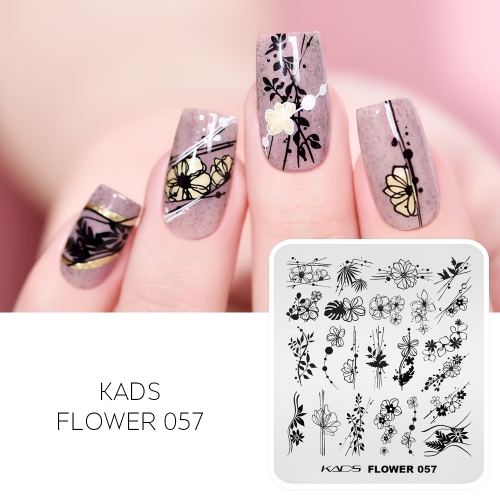 FLOWER 057 Nail Stamping Plate Flower & Leaf & Twig & Polka Dot & Line
