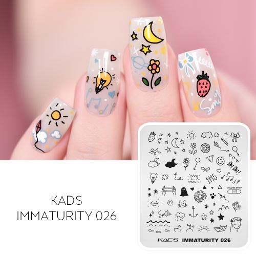 Immaturity 026 Nail Stamping Plate Cloud & Moon & Star & Flower & Strawberry & Emoji & Love Heart & Musical Note