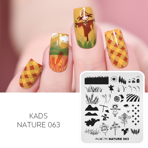 NATURE 063 Nail Stamping Plate Farm & Meadow & Wheat & Reed & Scarecrow & House & Tree