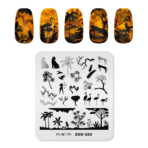 ZOO 020 Nail Stamping Plate Jungle & Palm Tree & Leopard  & Snack & Crane & Branch & Elephant