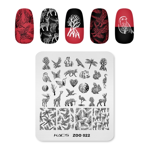 ZOO 022 Nail Stamping Plate Tree & Branch & Twig & Animal & Dragonfly & Butterfly & Giraffe & Deer & Elephant