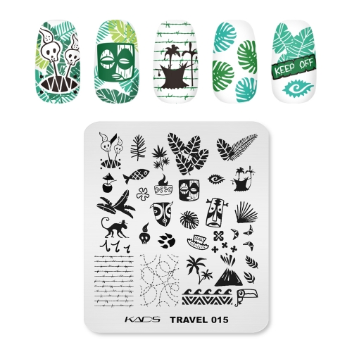 TRAVEL 015 Nail Stamping Plate Primitive Tribe & Palm Leaf & Mask & Feather & Monkey & Wire