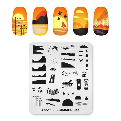 SUMMER 011 Nail Stamping Plate Landscape & Mountain & Beach & Cloud & Brick Wall & Mailbox & Sun & Sailboat