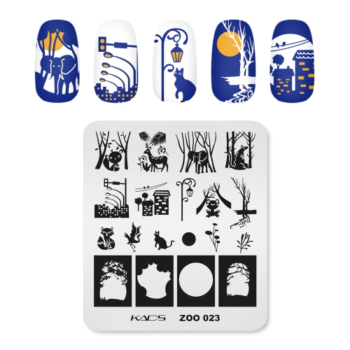 ZOO 023 Nail Stamping Plate Comic Style & Fox & Deer & Elephant & City & Street Lamp & Forest