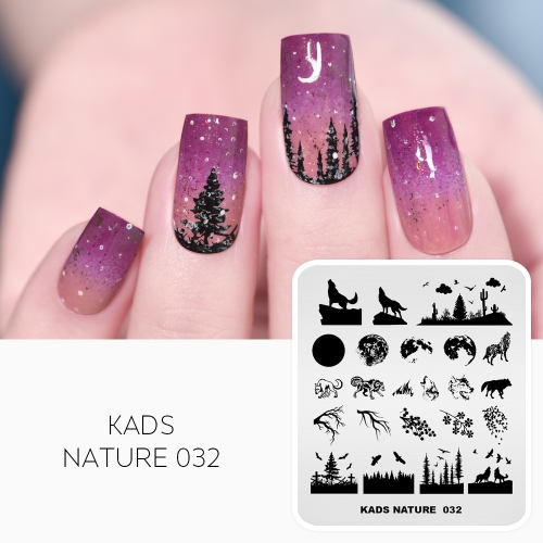 NATURE 032 Nail Stamping Plate Nature Wolf & Moon & Forest & Branches & Eagle