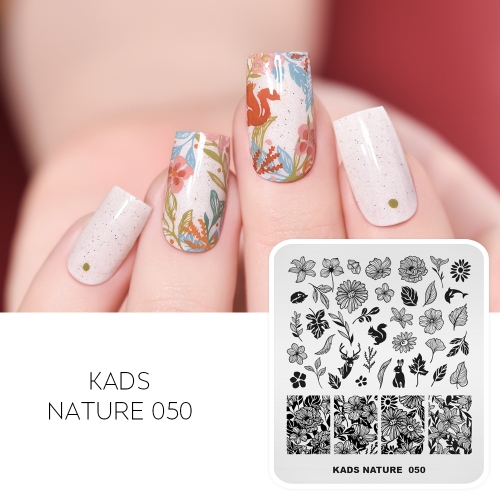 NATURE 050 Nail Stamping Plate Maple Leaf & Peach Blossom & Squirrel & Hedgehog & Dolphin