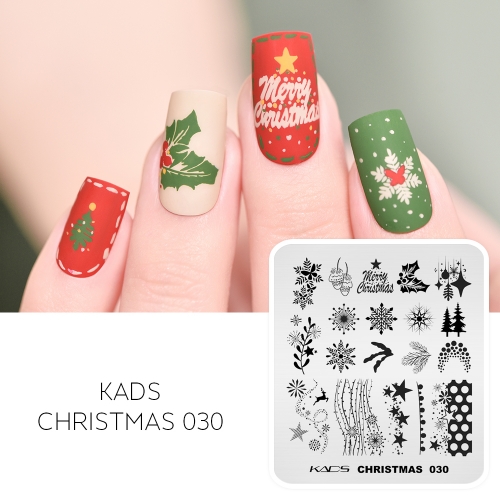 CHRISTMAS 030 Nail Stamping Plate Star & Dots & Holly & Acorn & Pine & leaves & Snowflakes & Deer