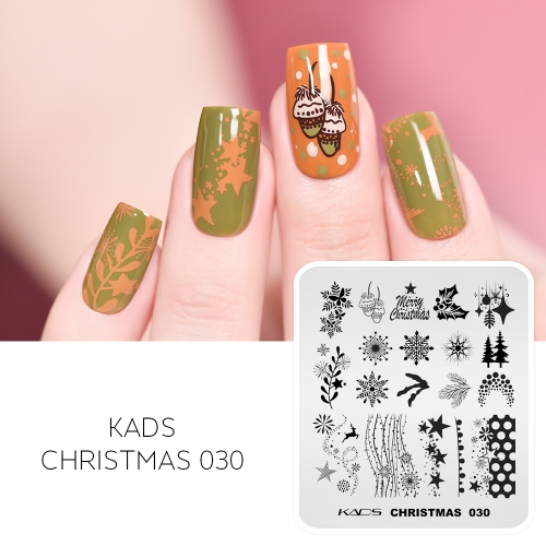 CHRISTMAS 030 Nail Stamping Plate Star & Dots & Holly & Acorn & Pine & leaves & Snowflakes & Deer