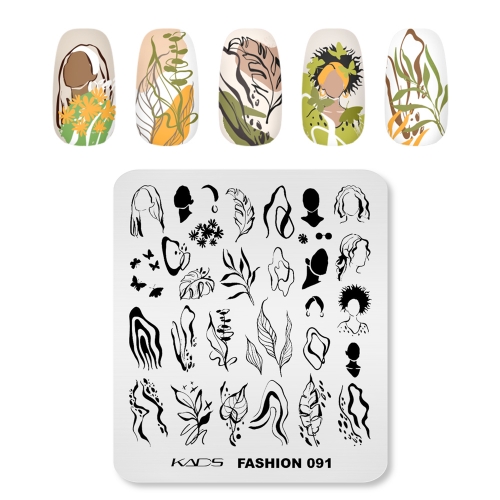Fashion 091 Nail Stamping Plate Abstract Curves & Leaf & Girl