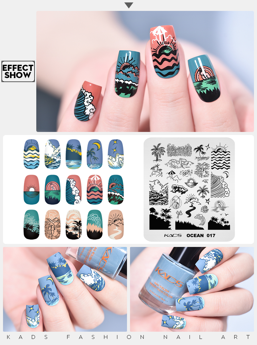 OCEAN 017 Nail Stamping Plate Waves & Shores & Palm Trees & Sunrise