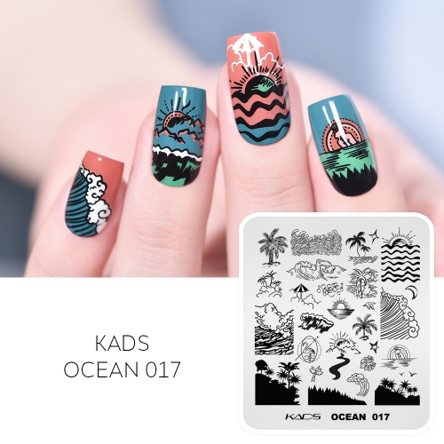 OCEAN 017 Nail Stamping Plate Waves & Shores & Palm Trees & Sunrise