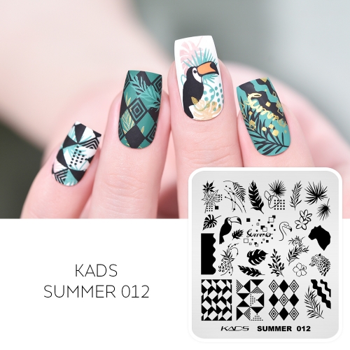 SUMMER 012 Nail Stamping Plate Geometric Patterns & Macaw & Flamingo & Tropical Leaves